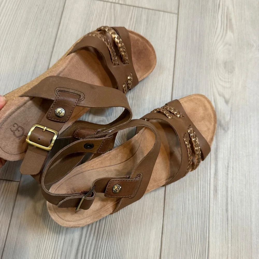 UGG Serinda Brown Leather Metallic Braid Cork Wedge Sandals 1010167 Womens 8